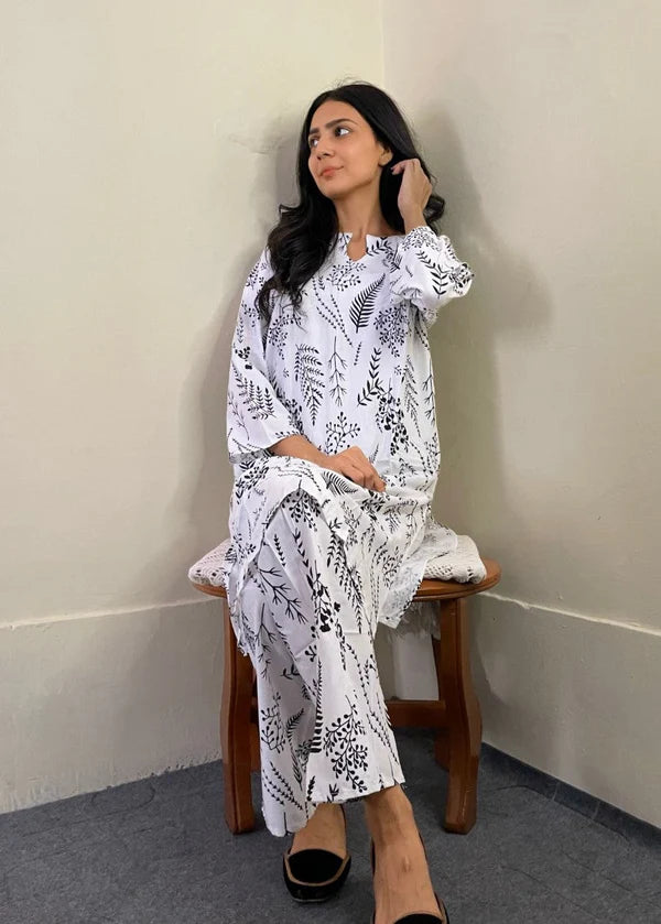 Leave (white) 2PC-Printed-Haveli