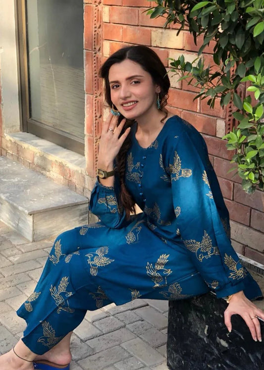 Sparrow (teal) 2PC-Printed-Haveli