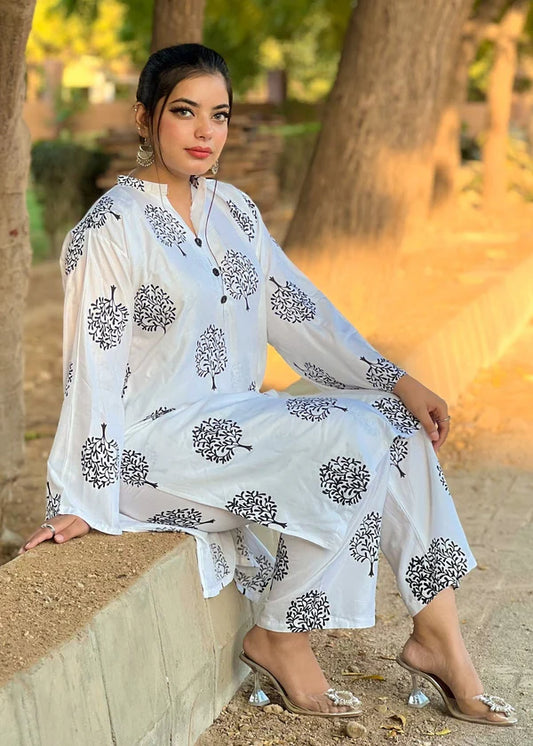 Tree (White) 2PC-Printed-Haveli