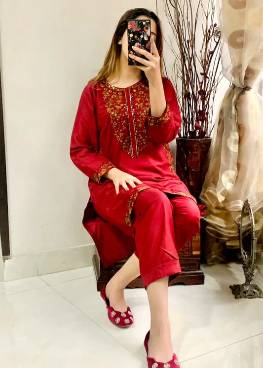 Pocket (maroon) 2PC-Embroidered-Haveli