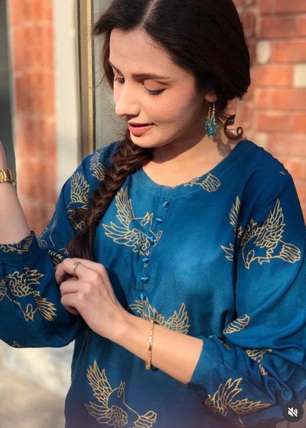 Sparrow (teal) 2PC-Printed-Haveli