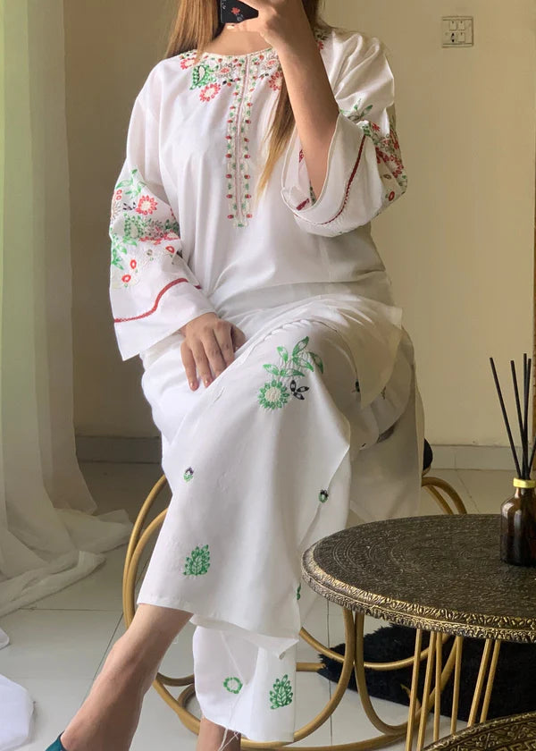 Early bird (White) 2pc-Embroidered- Haveli
