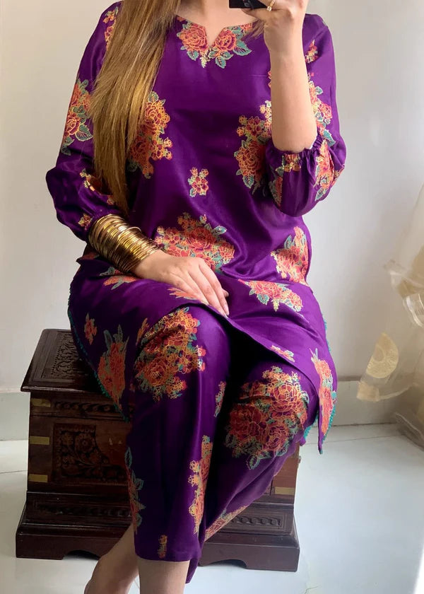 Ayzel (Purple ) 2pc-Printed- Haveli