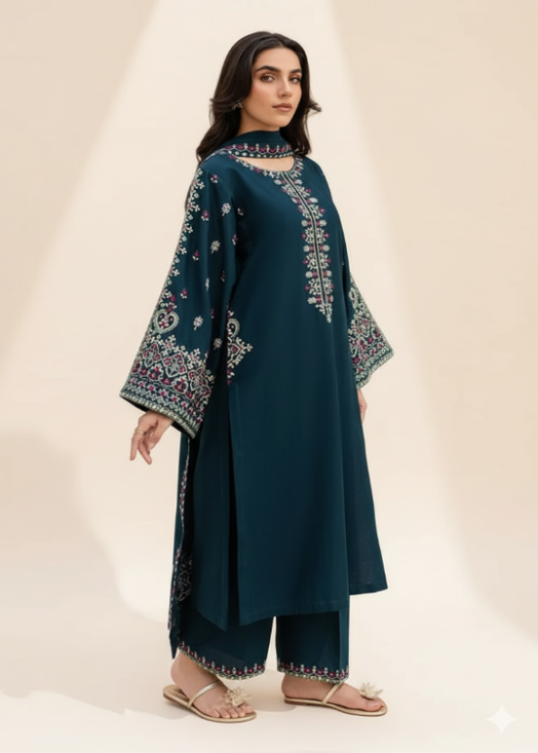 Woman wearing a teal embroidered outfit on a beige background