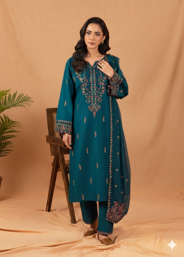 Woman wearing a teal embroidered outfit on a beige background
