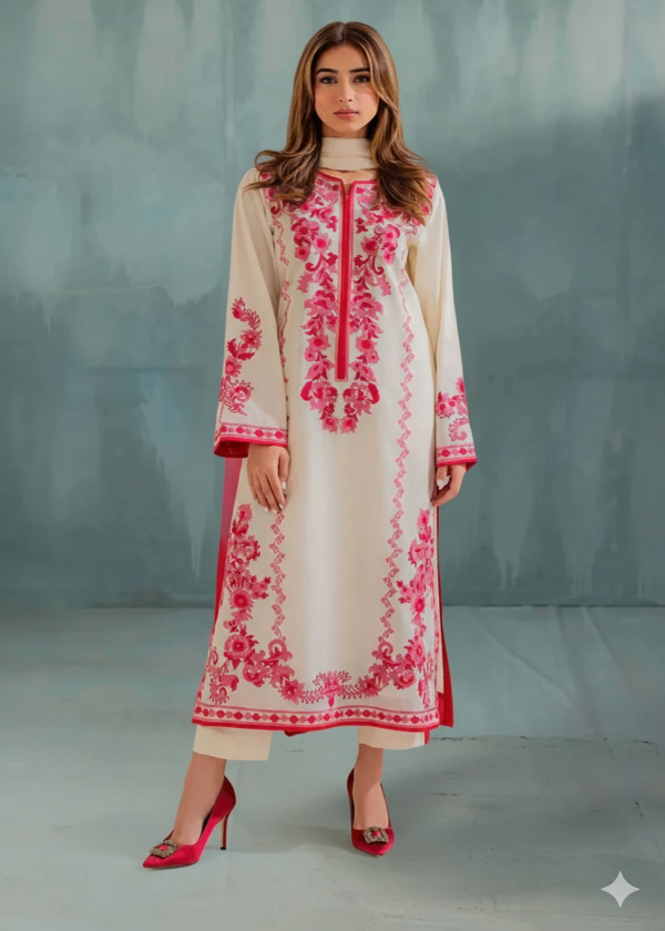 Woman wearing a cream and pink embroidered dress against a gray background