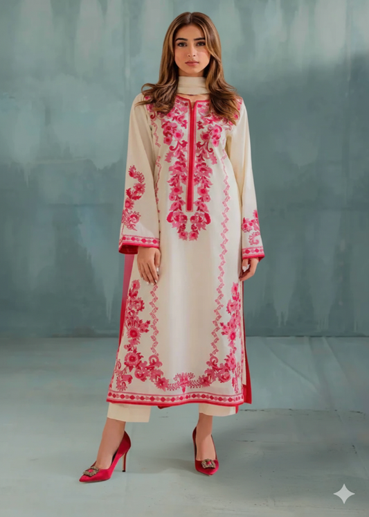 Woman wearing a cream and pink embroidered dress against a gray background