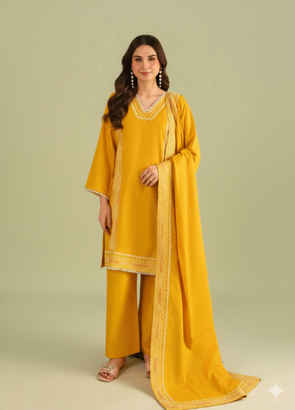 Woman wearing a mustard yellow traditional outfit with a matching dupatta on a beige background