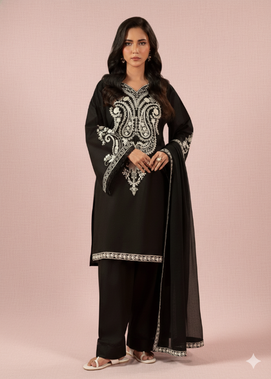 Woman wearing a black embroidered outfit on a pink background